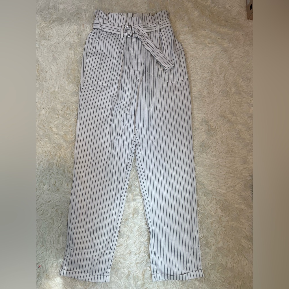 Forever 21 White High-waist Dress Pants with Vertical Black Stripes